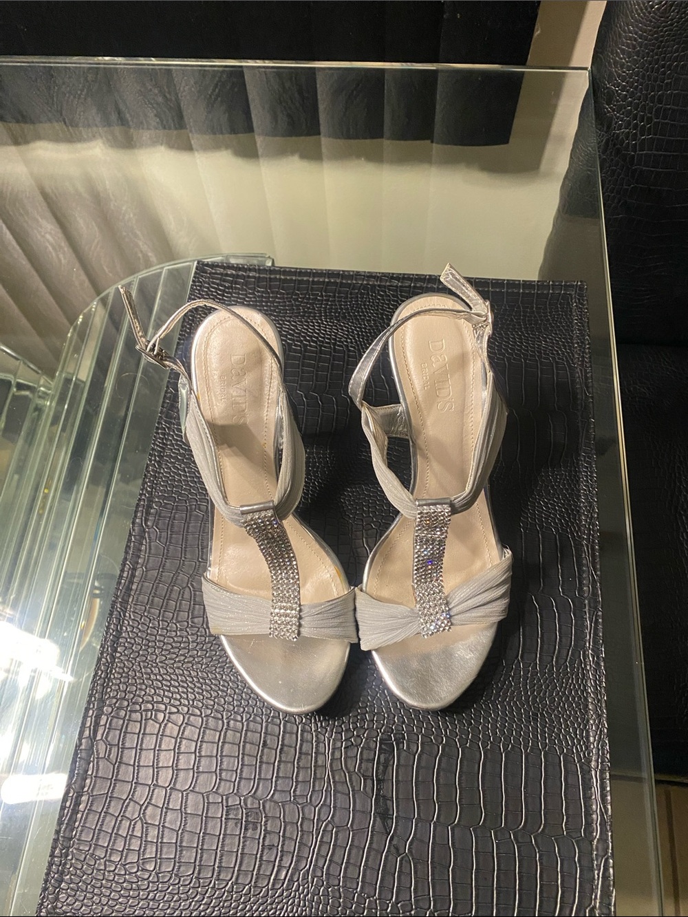 David's Bridal Silver Rhinestone T-Strap Evening Heels